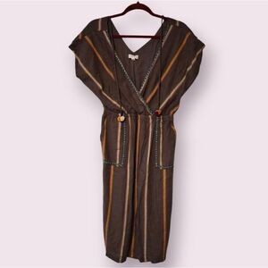 THML Brown Striped Midi Dress with V-Neck Boho Women's Large | EUC